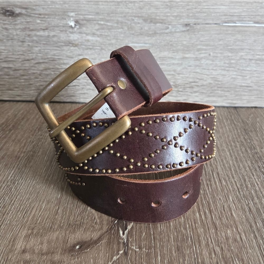 Old Navy Brown Studded Leather Belt with Brass Buckle Medium